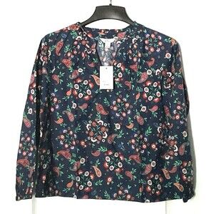 Croft & Barrow Women's Petite Raglan Cotton Popover Blouse Size PS, Navy Paisley